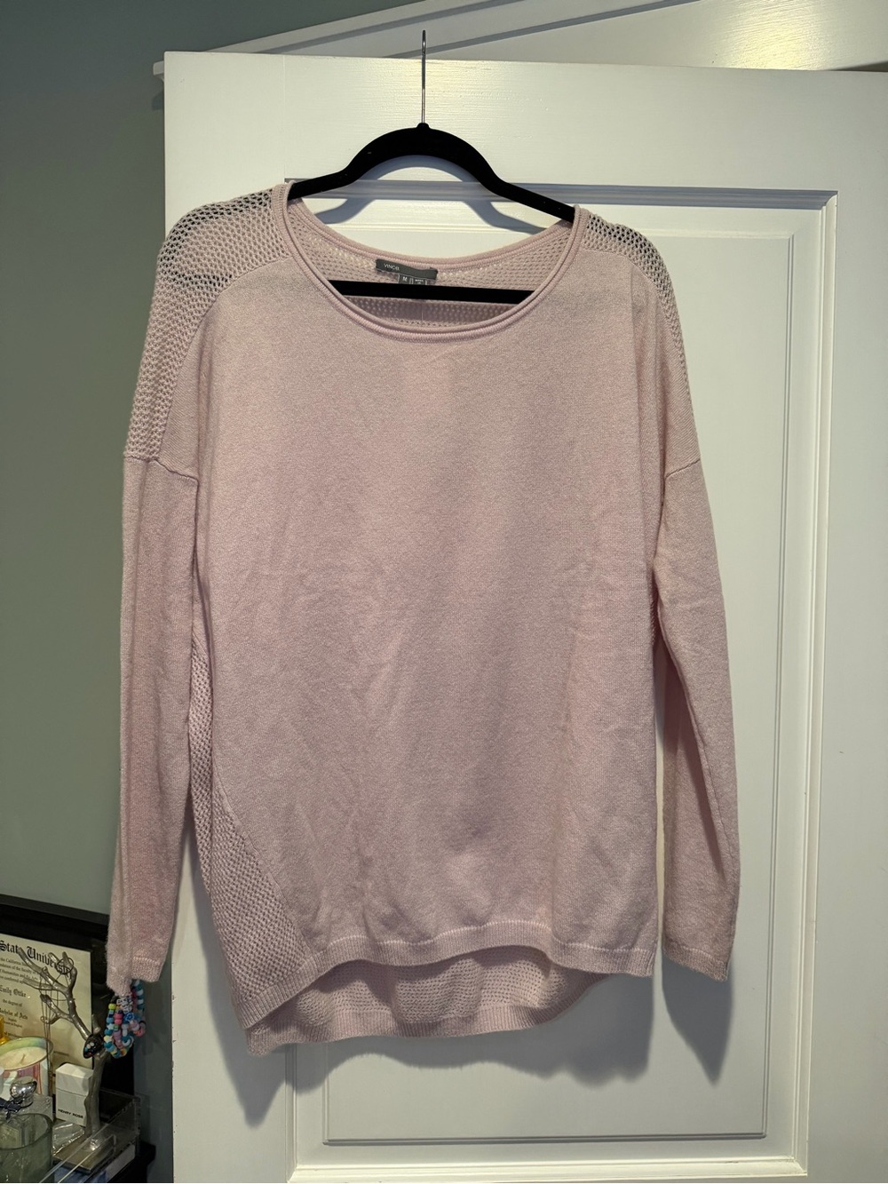 Vince Pale Pink/Lavender Mesh-Shoulder Crewneck Sweater